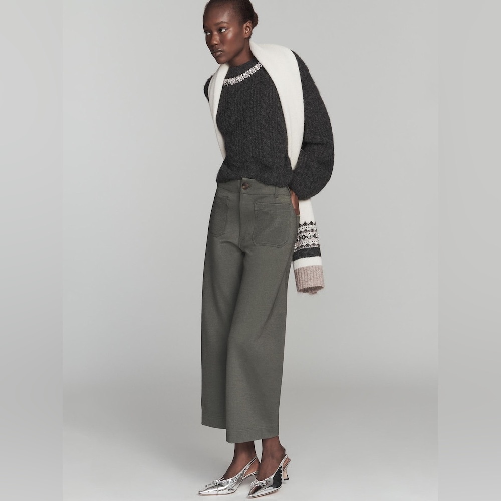 NWT Anthropologie Maeve The Colette Knit Crop Wide-Leg Green Trousers Sz 32 Tall - Picture 2 of 8